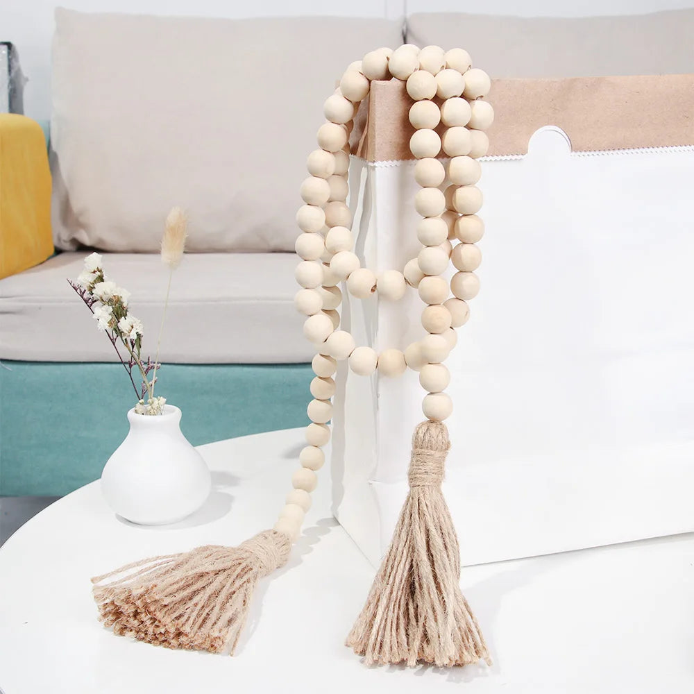 Wood Bead Garland with Jute Tassels for Shelves, Vases & Wall Hanging | Farmhouse Boho Decor | Handmade Natural Wood Beads in 8 Styles