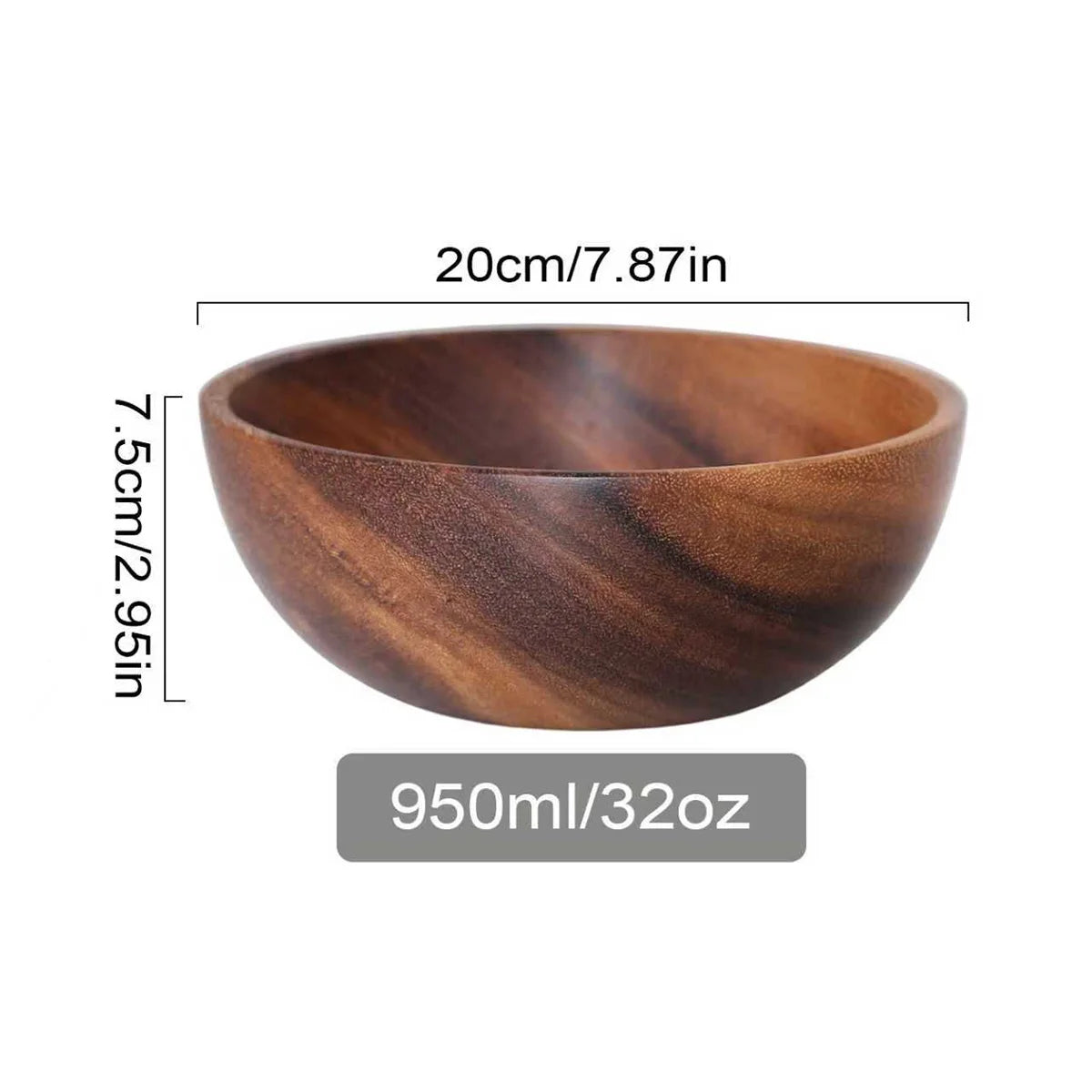 Solid Acacia Wood Serving Bowl for Salads, Snacks & Fruit | One-Piece Hand-Finished Wooden Bowl | Food-Safe Kitchen Tableware, 250ml–1100ml