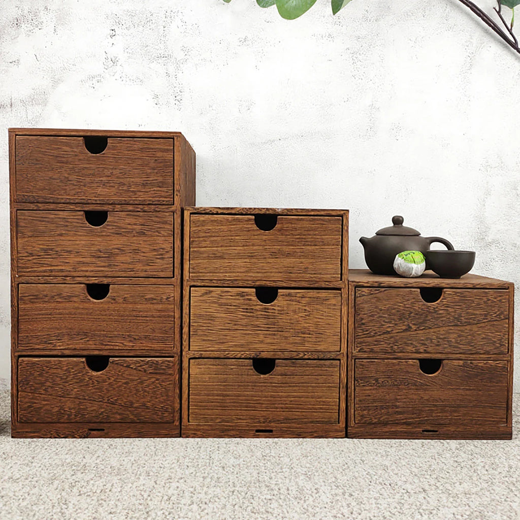 Bamboo Desktop Drawer Organiser for Desk, Vanity & Bedroom | Small Wooden Storage Cabinet | Retro Decorative Drawers, 2, 3 or 4 Tier