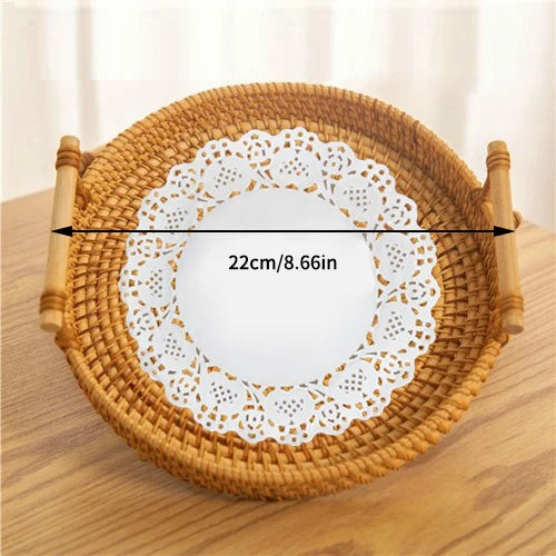 Woven Rattan Bread Basket with Strap Handle for Kitchen & Dining Table | Round Serving Tray for Fruit, Snacks & Picnics | S, M, L or Set of 3