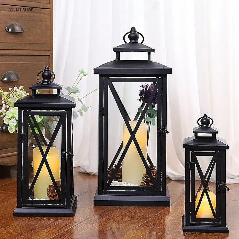 Glass Lantern Candle Holder for Patio, Dining Table & Entryway | Black Metal Hurricane Lantern | Windproof Modern Candle Holder, 30 to 50cm