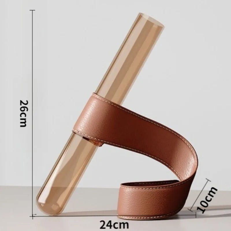 Nordic Glass Tube Vase with Leather Stand | Modern Artistic Test Tube Flower Vase for Living Room Desktop & Luxury Home Decor, 3 Colours