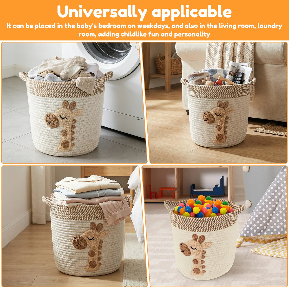 Cotton Rope Storage Basket for Living Room, Nursery & Bedroom | Woven Blanket & Toy Basket with Embroidery | Laundry Hamper 30x28cm