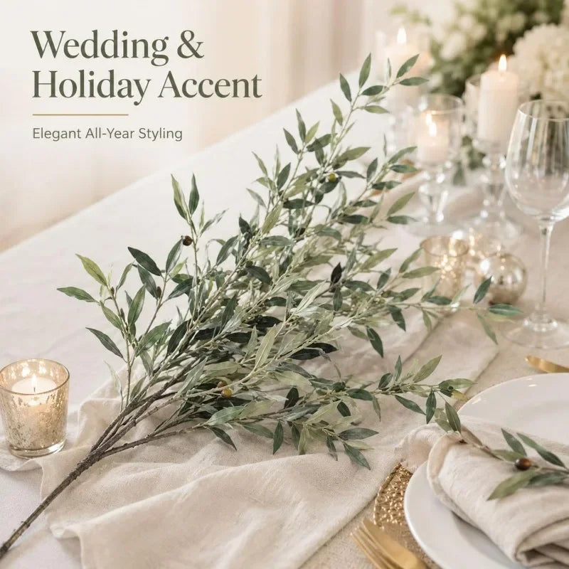 Silk Artificial Olive Branch with Fruit for Tall Vases | 113cm Bendable Faux Greenery Stem | Home & Wedding Decor, Single or 3-Pack