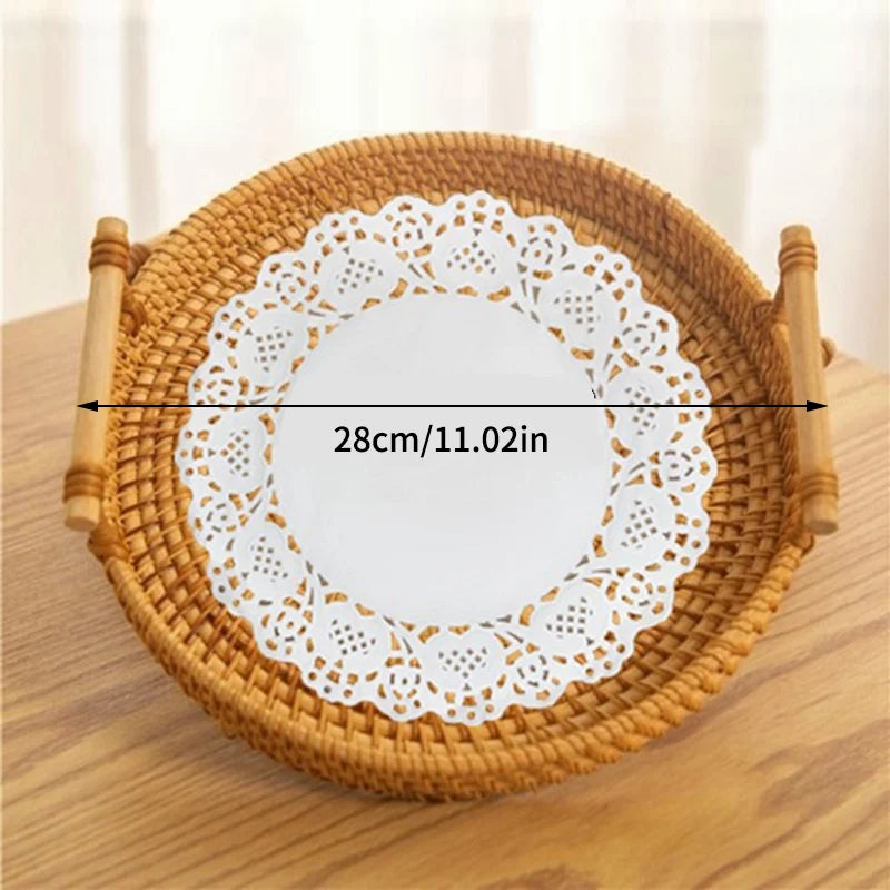 Woven Rattan Bread Basket with Strap Handle for Kitchen & Dining Table | Round Serving Tray for Fruit, Snacks & Picnics | S, M, L or Set of 3