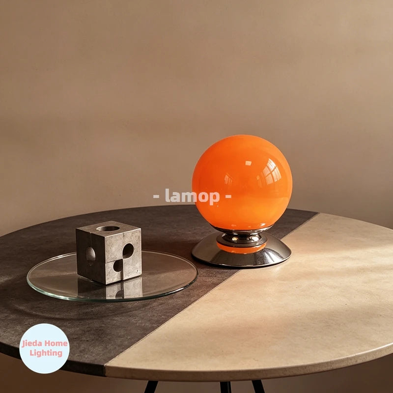 Globe Glass Table Lamp on Plinth for Bedroom & Living Room | Italian-Style Geometric Retro Bedside Lamp | Dimmable, 3 Colour Temperatures
