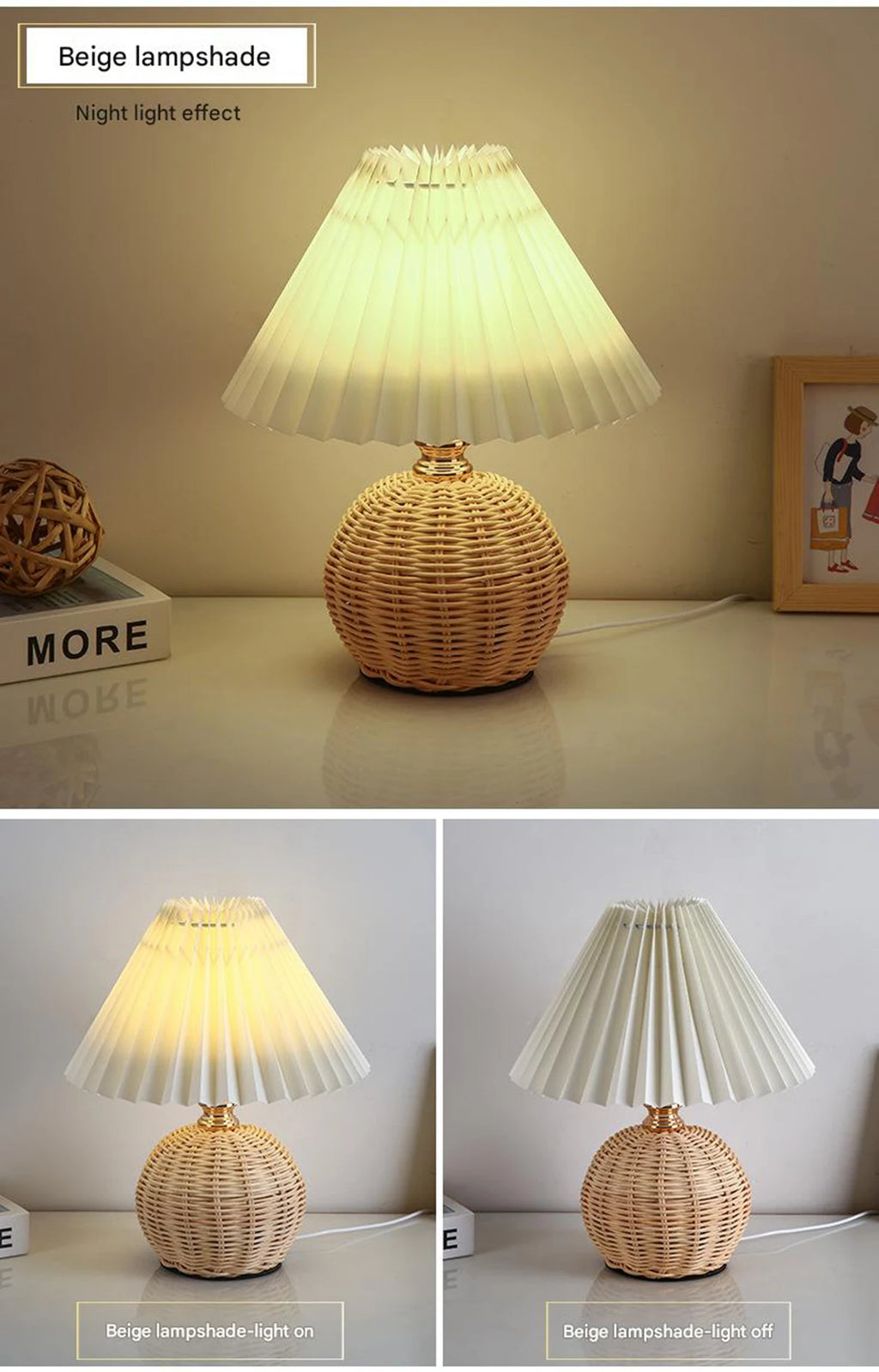 Rattan Table Lamp for Bedroom Nightstand & Reading Corner | Hand-Woven Base with Pleated Umbrella Shade | Vintage Dimmable Bedside Lamp