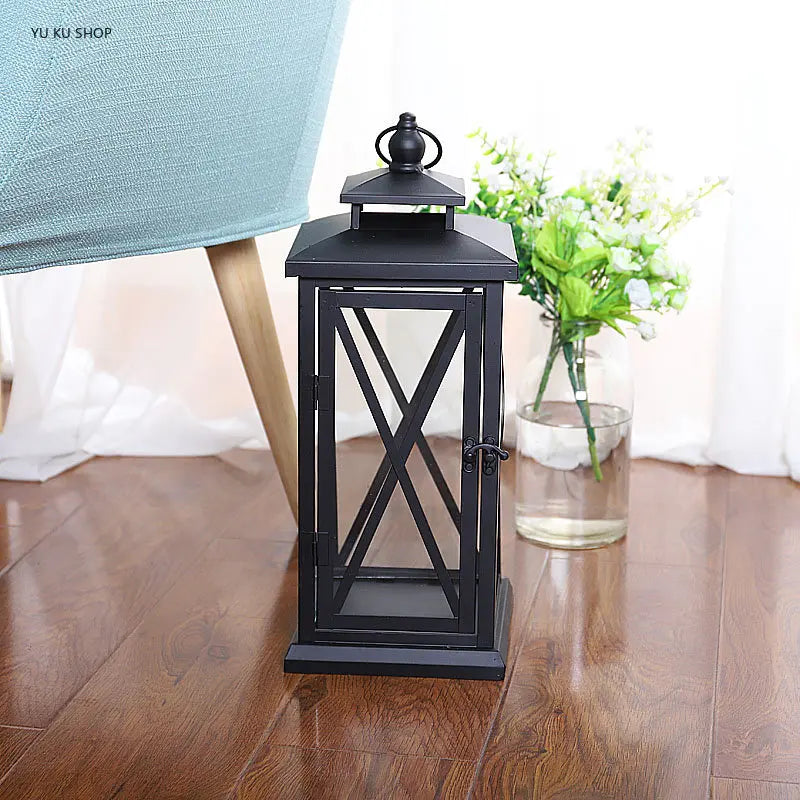 Glass Lantern Candle Holder for Patio, Dining Table & Entryway | Black Metal Hurricane Lantern | Windproof Modern Candle Holder, 30 to 50cm