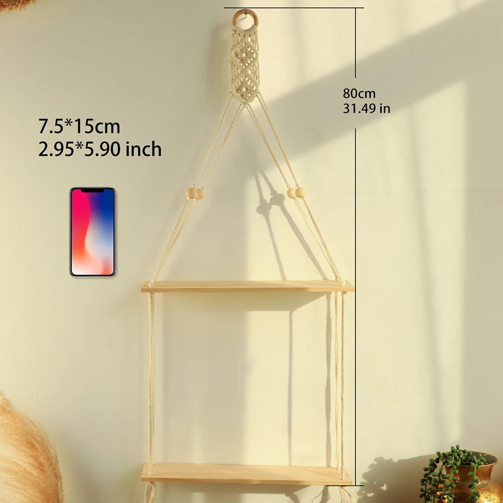 Macrame Hanging Wall Shelf for Bedroom, Bathroom & Living Room | 2-Tier Pine Wood Floating Shelves | Boho Wall Decor, 2 Designs