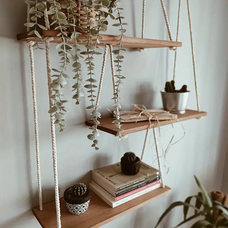 Rope Hanging Wooden Wall Shelf for Bathroom & Bedroom | Small Floating Plant Shelf & Display Rack | Minimalist Boho Storage Organiser