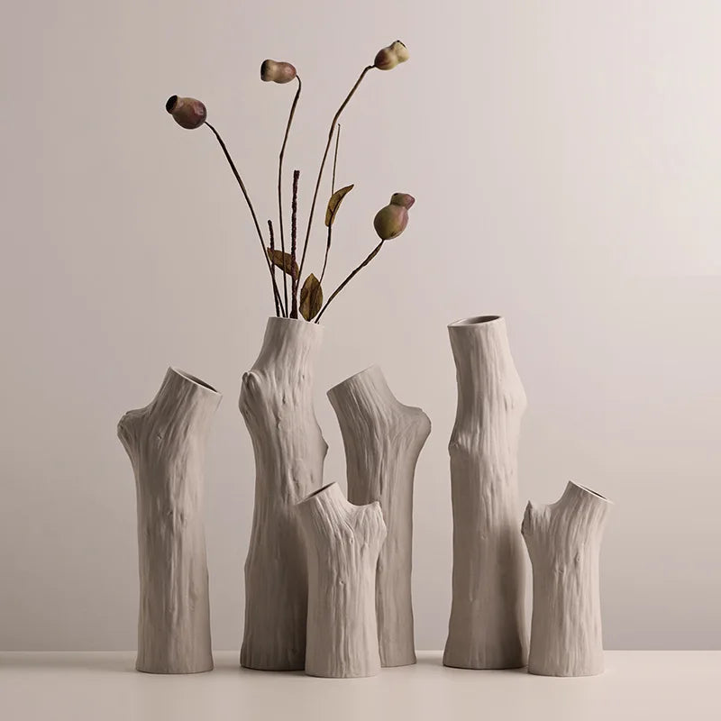 Tree Trunk Ceramic Vase for Living Room & Dining Table | Boho Branch-Shaped Flower Vase | Sculptural Centrepiece in White or Beige, 3 Sizes