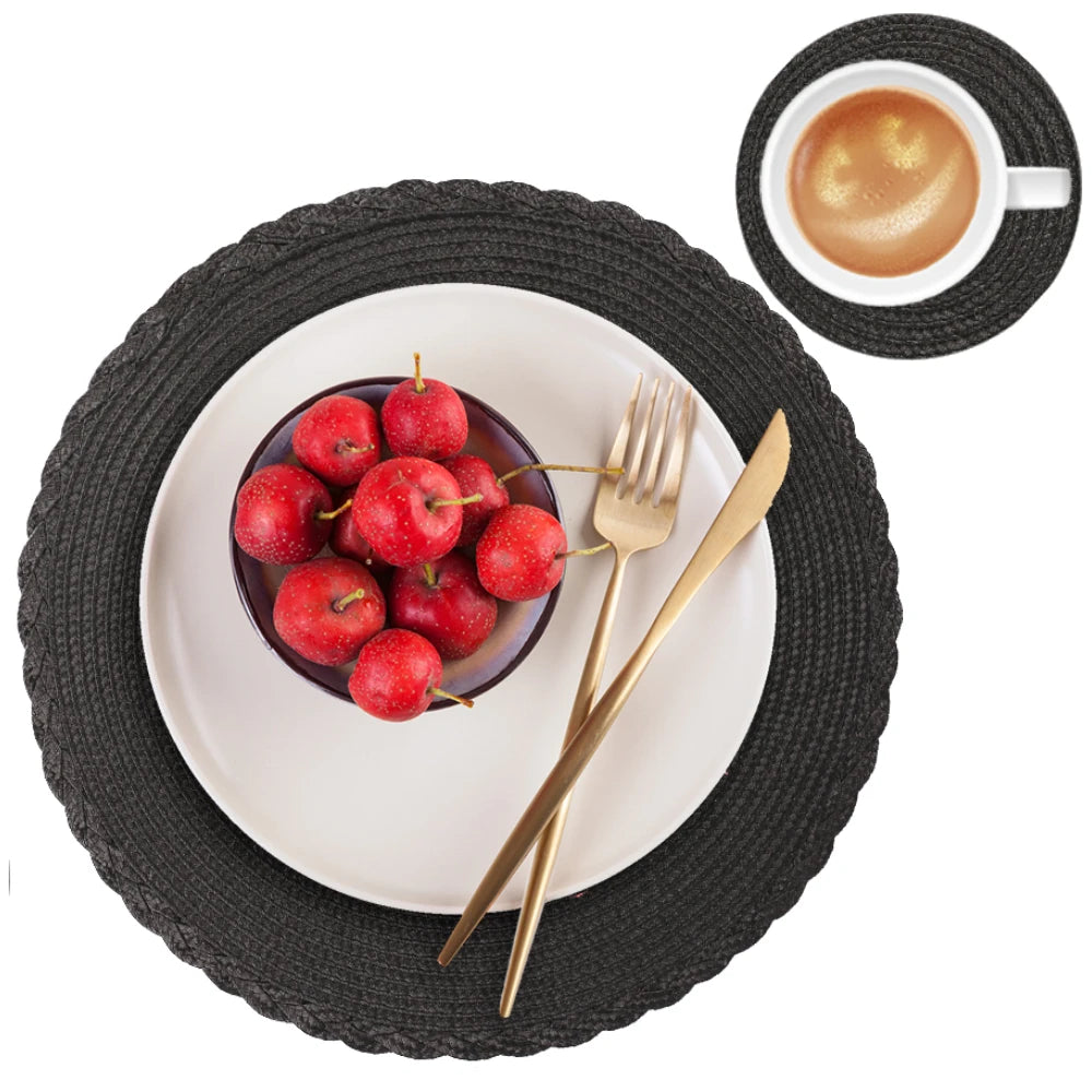Round Braided Placemats Set of 6 with Coasters for Dining Table | Washable Non-Slip Woven Table Mats | Holiday & Everyday Table Decor, 34cm