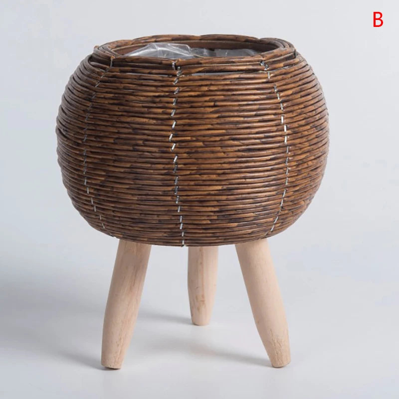 Woven Plant Stand with Removable Wooden Legs for Living Room & Patio | Handmade Rattan-Look Planter Basket | Nordic Plant Pot Holder, 6 Styles