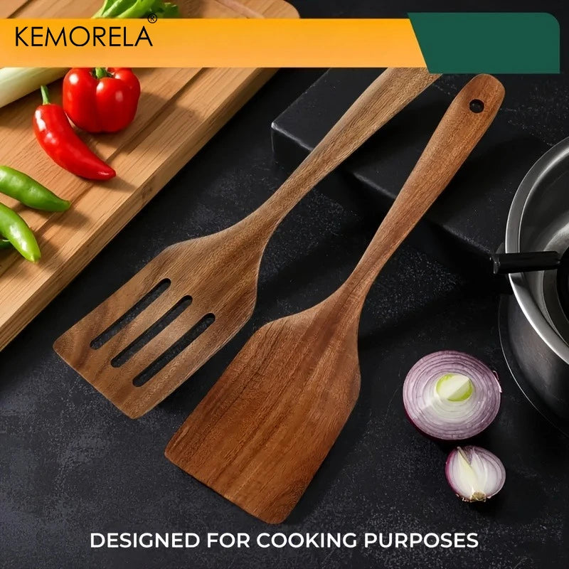 Wooden Cooking Spatula Set of 2 for Nonstick Pans | Natural Wood Kitchen Utensils for Flipping, Stirring & Baking | Scratch Free Kitchen Tools