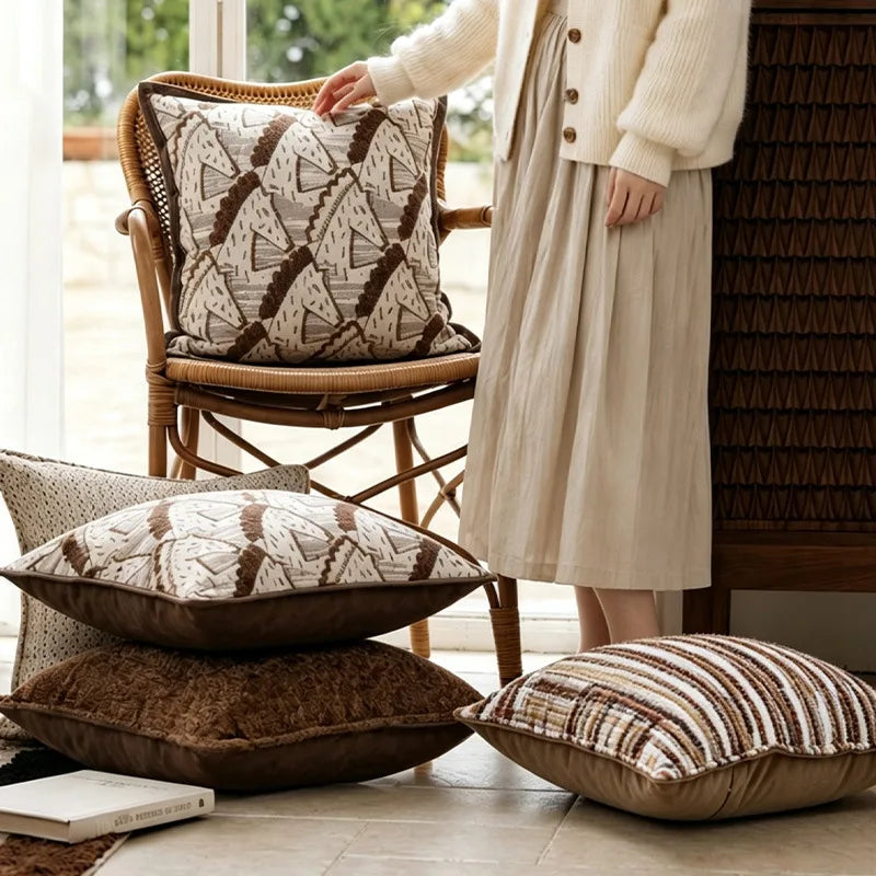 Brown Striped Chenille Throw Pillow Cover for Living Room Sofa & Bed | Textured Neutral Bedroom Decor | 45x45cm & 30x50cm