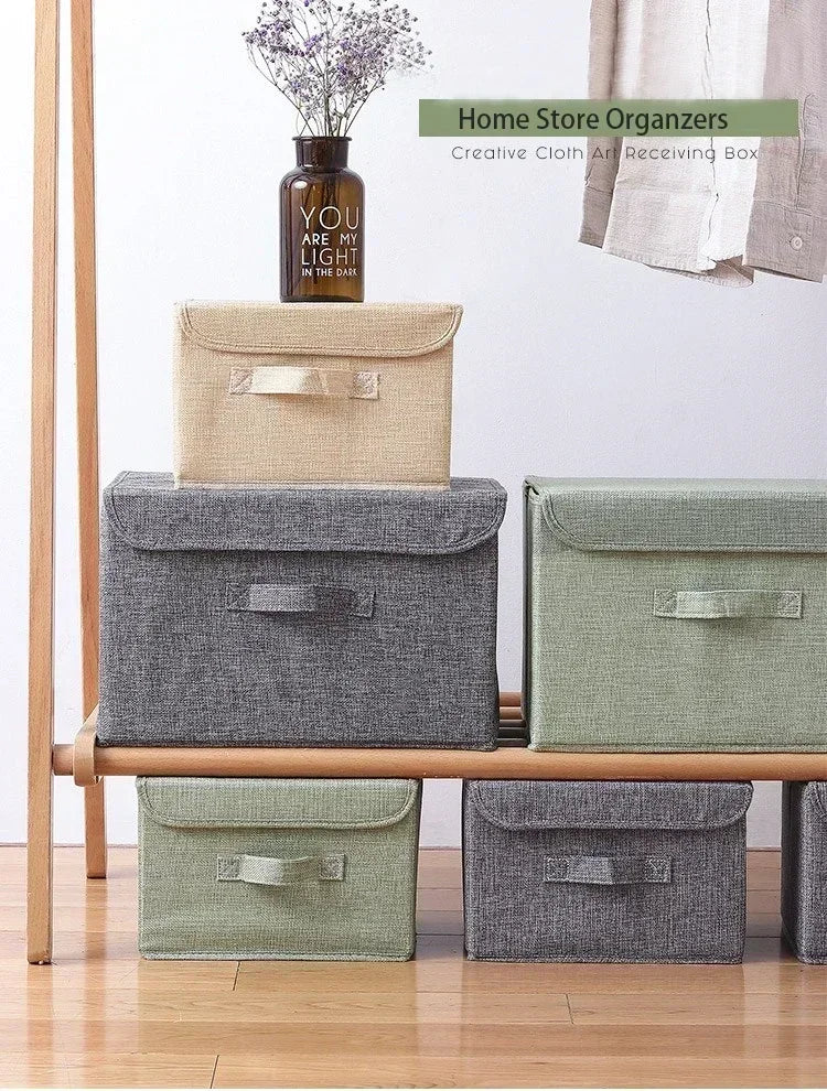 Foldable Cotton Linen Storage Box with Lid for Closet, Nursery & Shelves | Washable Fabric Storage Bin | Toy & Clothes Organiser, 2 Sizes