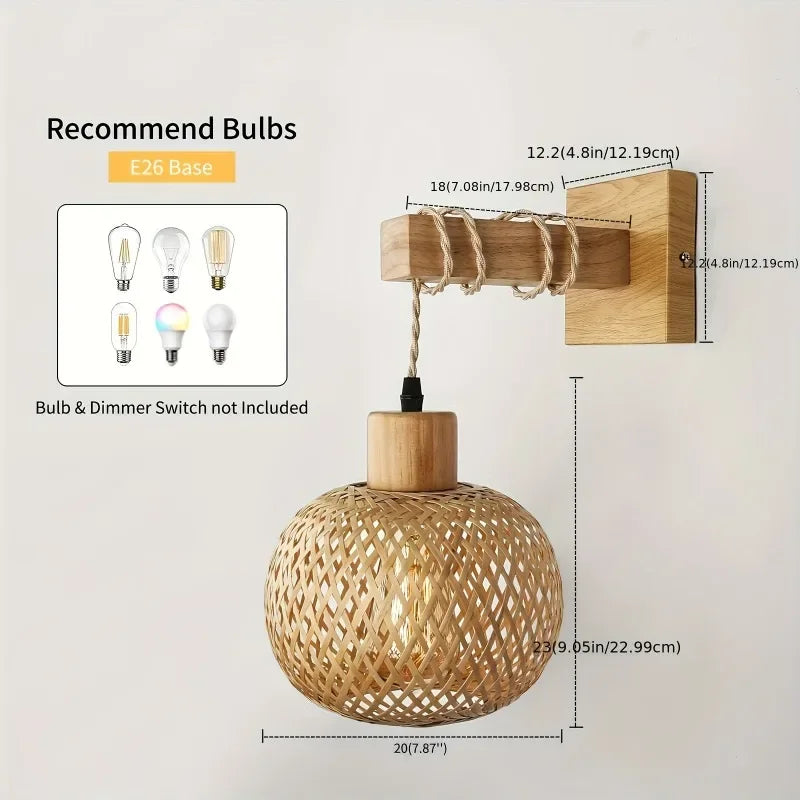 Plug In Wall Sconce for Bedroom & Living Room | Handcrafted Bamboo Rattan Wall Light | Boho Farmhouse Wall Lamp, With or Without Bulb