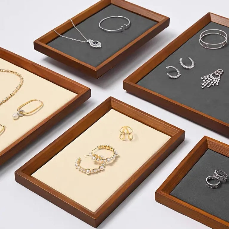 Velvet-Lined Wooden Jewellery Tray for Dresser & Vanity | Rectangular Ring, Earring & Bracelet Organiser | Desktop Storage Dish, 4 Styles