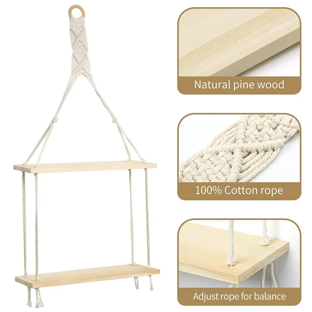 Macrame Hanging Wall Shelf for Bedroom, Bathroom & Living Room | 2-Tier Pine Wood Floating Shelves | Boho Wall Decor, 2 Designs