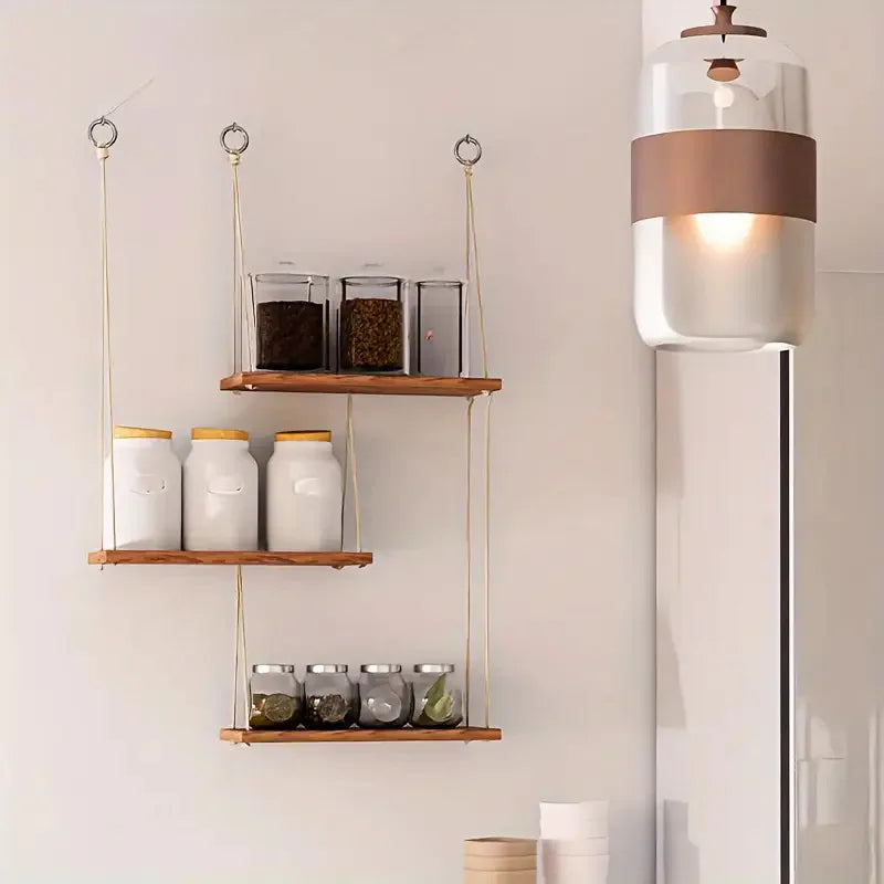 Rope Hanging Wooden Wall Shelf for Bathroom & Bedroom | Small Floating Plant Shelf & Display Rack | Minimalist Boho Storage Organiser