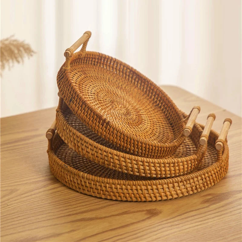 Woven Rattan Bread Basket with Strap Handle for Kitchen & Dining Table | Round Serving Tray for Fruit, Snacks & Picnics | S, M, L or Set of 3