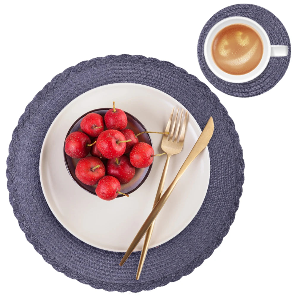 Round Braided Placemats Set of 6 with Coasters for Dining Table | Washable Non-Slip Woven Table Mats | Holiday & Everyday Table Decor, 34cm