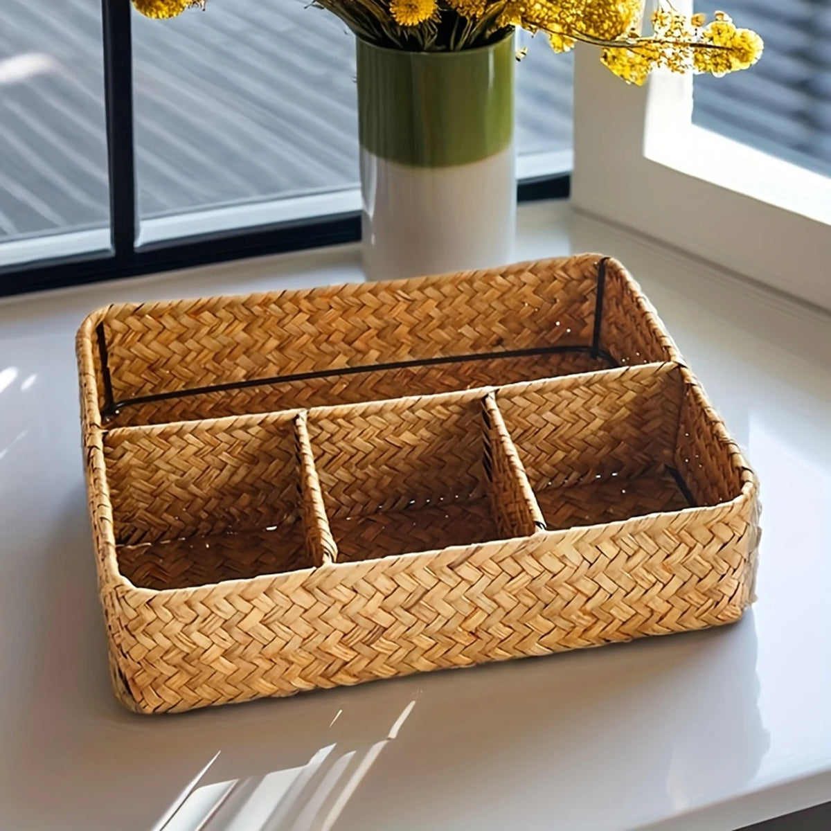 Seagrass Storage Basket with 4 Compartments for Desk, Vanity & Bathroom Counter | Handwoven Wicker Organiser | Eco-Friendly Storage