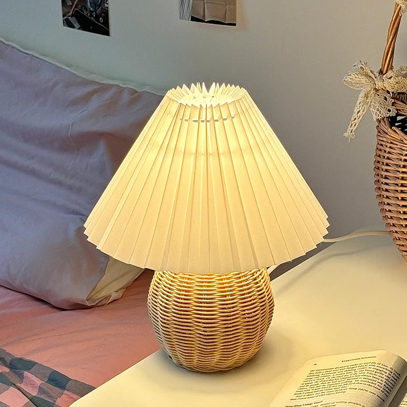 Rattan Table Lamp for Bedroom Nightstand & Reading Corner | Hand-Woven Base with Pleated Umbrella Shade | Vintage Dimmable Bedside Lamp