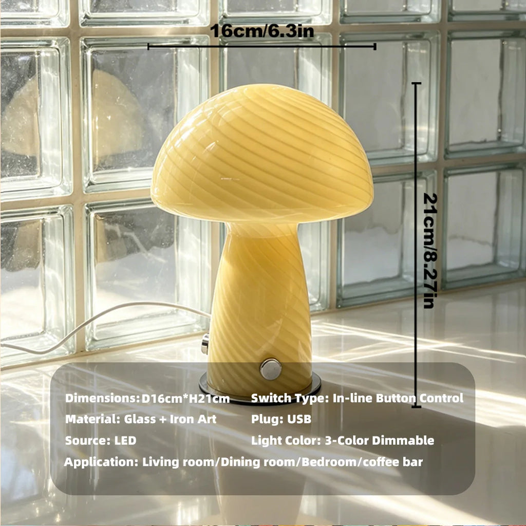 Murano-Style Glass Mushroom Lamp for Bedside & Living Room | Mid-Century Retro Table Lamp | Dimmable Plug-in LED, Swirl or Solid Designs