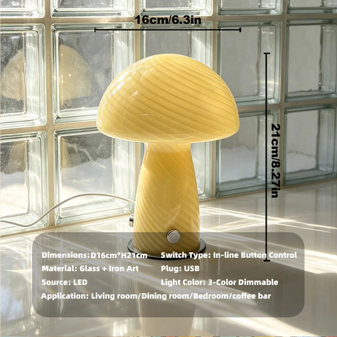 Murano-Style Glass Mushroom Lamp for Bedside & Living Room | Mid-Century Retro Table Lamp | Dimmable Plug-in LED, Swirl or Solid Designs