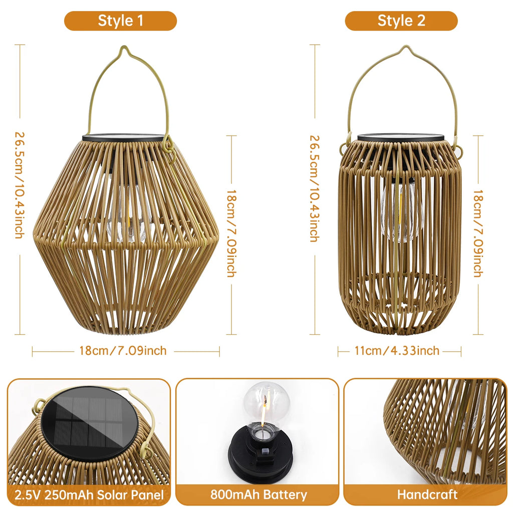 Solar Rattan Lantern for Garden, Patio & Porch | Waterproof Hanging Boho Solar Light | Automatic Outdoor Decorative Lighting, 2 Styles