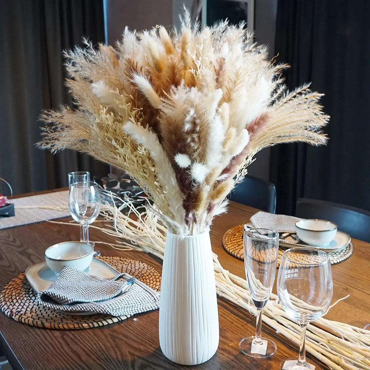 Dried Pampas Grass Bouquet for Vases, Living Room & Wedding Decor | Natural Fluffy Boho Dried Flowers | Mixed Bouquets in 30+ Styles, 45 to 50cm