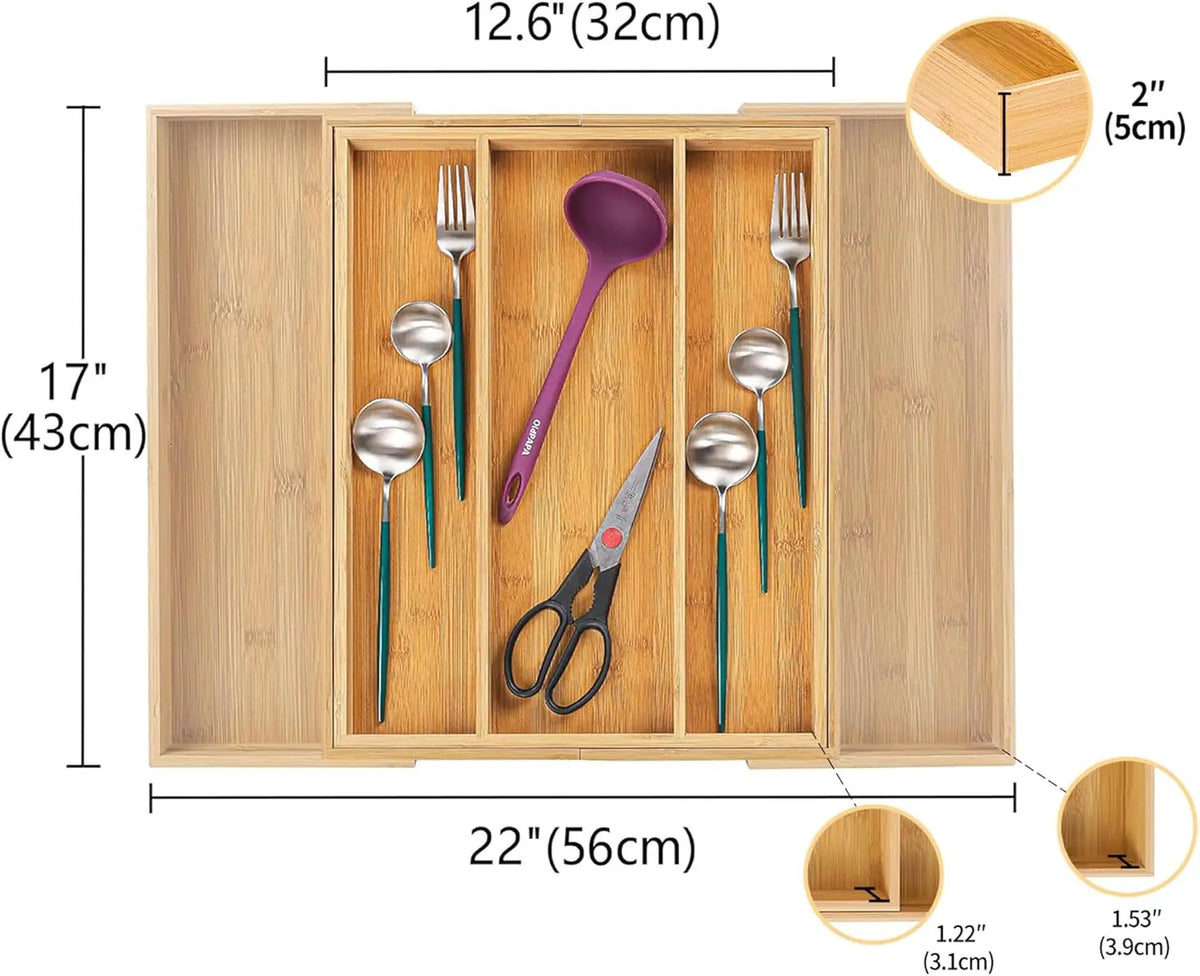 Expandable Bamboo Drawer Organiser for Kitchen Cutlery | Adjustable Utensil Tray & Silverware Divider | Natural Kitchen Storage, 2 Styles