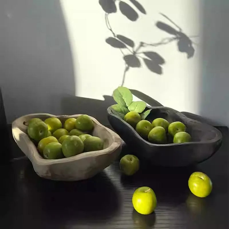 Solid Wood Decorative Tray for Entryway, Dining Table & Coffee Table | Vintage Shaped Wooden Fruit & Jewellery Plate | Rustic Home Decor Bowl, 2 Styles