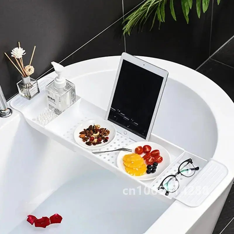 Extendable Bathtub Tray for Relaxing Baths | Bathtub Organiser with Book & Towel Holder | Minimalist Bath Caddy in Black or White