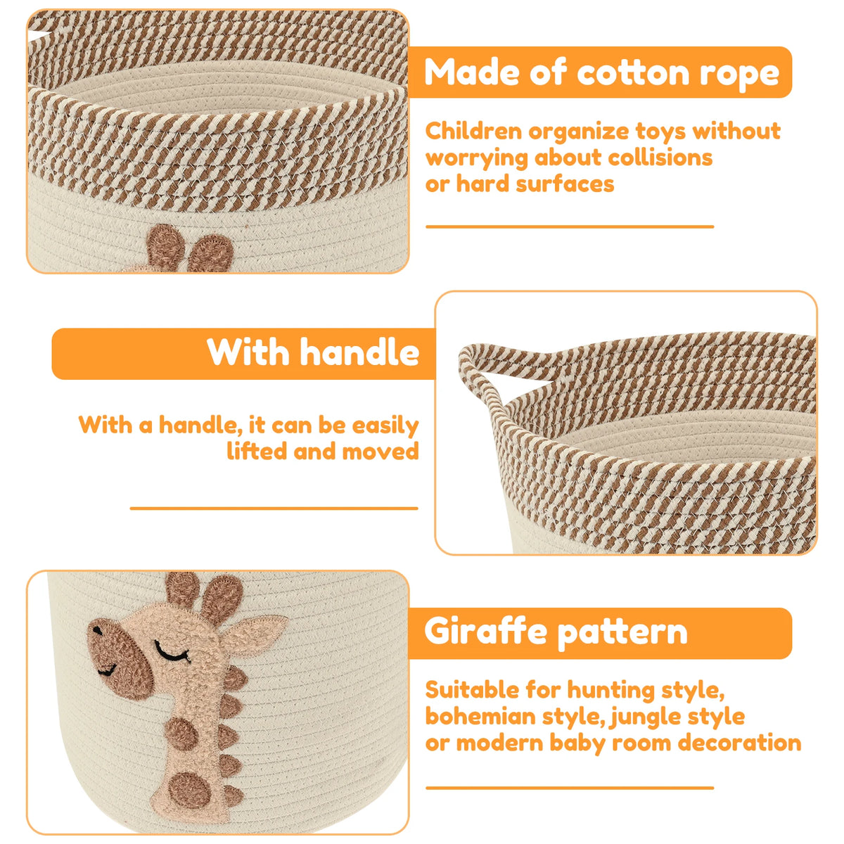 Cotton Rope Storage Basket for Living Room, Nursery & Bedroom | Woven Blanket & Toy Basket with Embroidery | Laundry Hamper 30x28cm