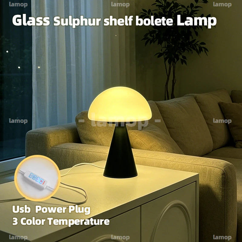 Glass Mushroom Table Lamp for Bedside, Desk & Study | Modern Minimalist Umbrella Lamp | USB-C Powered LED Night Light in 5 Colours