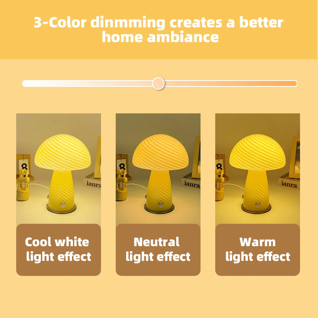 Murano-Style Glass Mushroom Lamp for Bedside & Living Room | Mid-Century Retro Table Lamp | Dimmable Plug-in LED, Swirl or Solid Designs