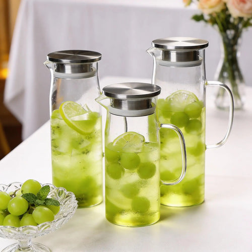 Borosilicate Glass Water Pitcher with Steel Lid | 1L & 1.5L Heat Resistant Jug for Coffee, Juice, Iced Tea & Kitchen Dining