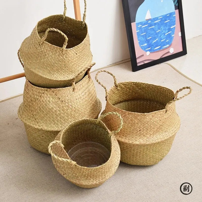 Folding Wicker Storage Basket | Handwoven Seagrass Rattan Toy Organiser, Laundry Basket & Plant Pot Holder for Living Room, Bedroom & Garden