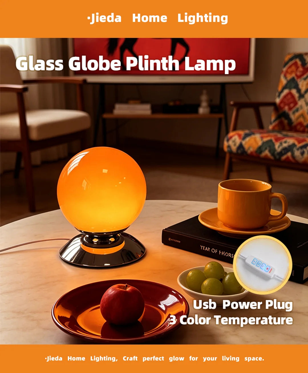 Globe Glass Table Lamp on Plinth for Bedroom & Living Room | Italian-Style Geometric Retro Bedside Lamp | Dimmable, 3 Colour Temperatures
