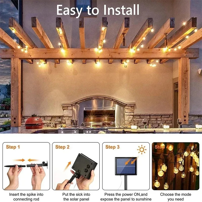 Solar String Lights for Garden, Patio & Christmas Decor | Waterproof Crystal Globe Fairy Lights | Outdoor Solar Festoon Lights, 5m–22m, 4 Colours