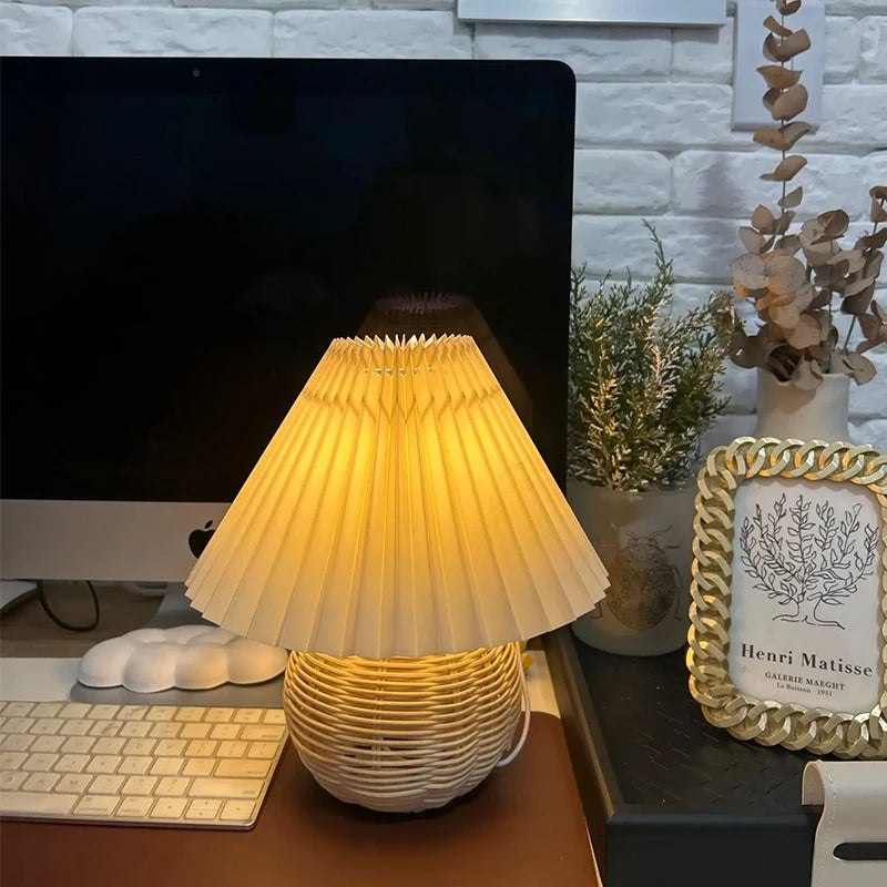 Rattan Table Lamp for Bedroom Nightstand & Reading Corner | Hand-Woven Base with Pleated Umbrella Shade | Vintage Dimmable Bedside Lamp