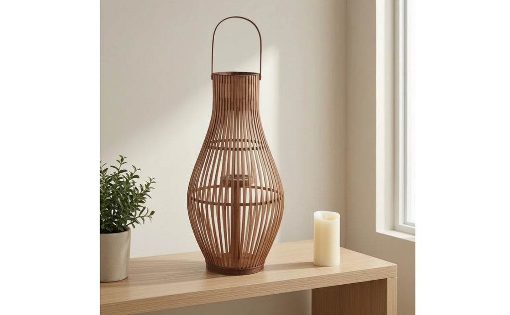 Bamboo Floor Lantern for Patio, Garden & Living Room | Handwoven Boho Lantern with LED Candle | Rustic Decorative Lighting, Small or Large