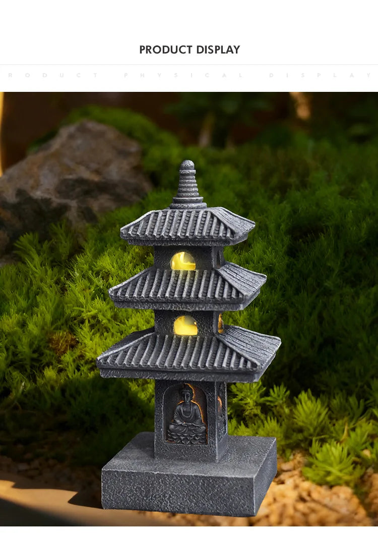 Solar Pagoda Lantern Statue for Garden, Patio & Zen Garden | Japanese Style Resin Garden Ornament | Warm LED Solar Garden Light, 4 Styles