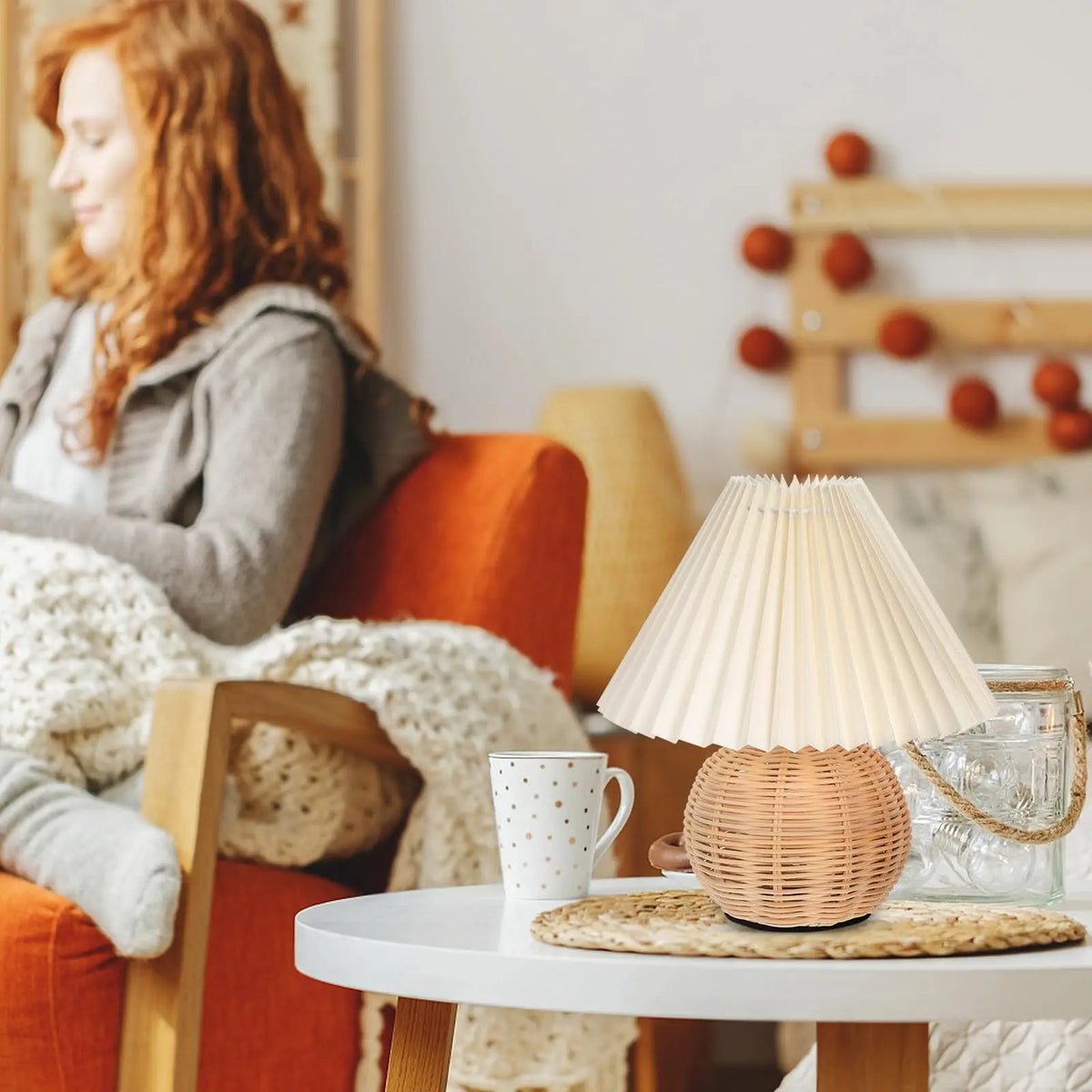 Rattan Table Lamp for Bedroom Nightstand & Reading Corner | Hand-Woven Base with Pleated Umbrella Shade | Vintage Dimmable Bedside Lamp