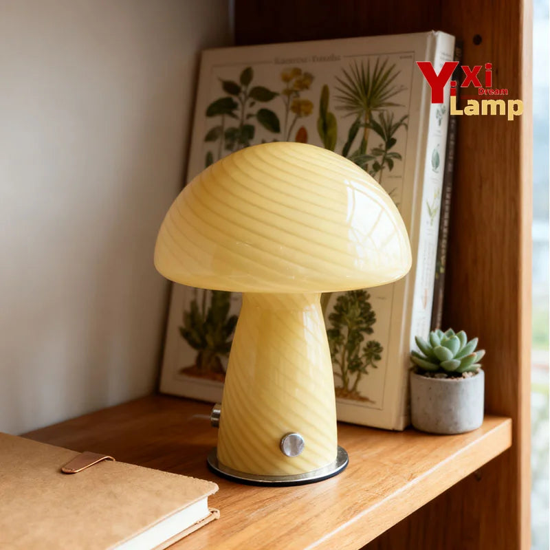 Murano-Style Glass Mushroom Lamp for Bedside & Living Room | Mid-Century Retro Table Lamp | Dimmable Plug-in LED, Swirl or Solid Designs
