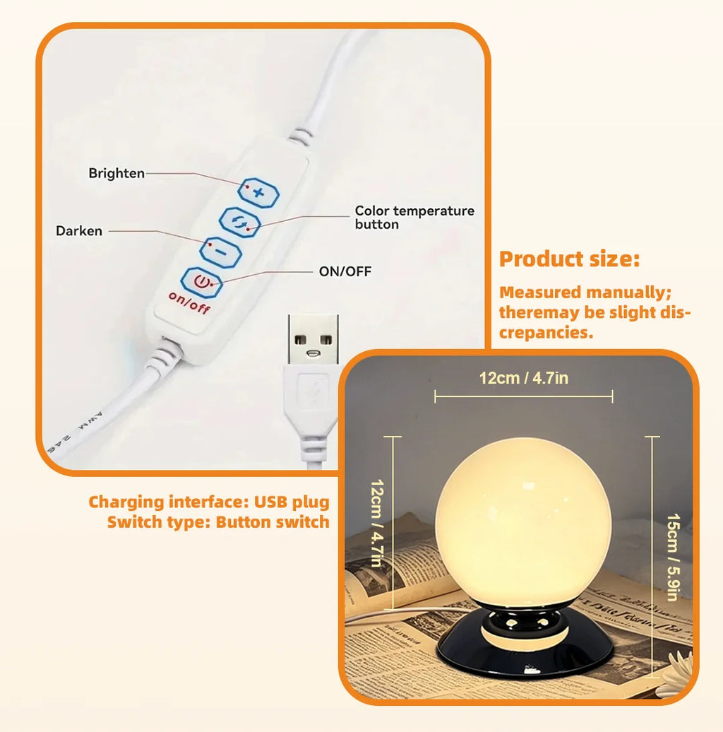 Globe Glass Table Lamp on Plinth for Bedroom & Living Room | Italian-Style Geometric Retro Bedside Lamp | Dimmable, 3 Colour Temperatures