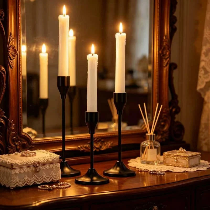 Black Metal Candle Holder Set for Dining Table & Mantel | Nordic Minimalist Taper Candlesticks with Round Base | Wedding & Party Centrepiece, 3–30 Pcs