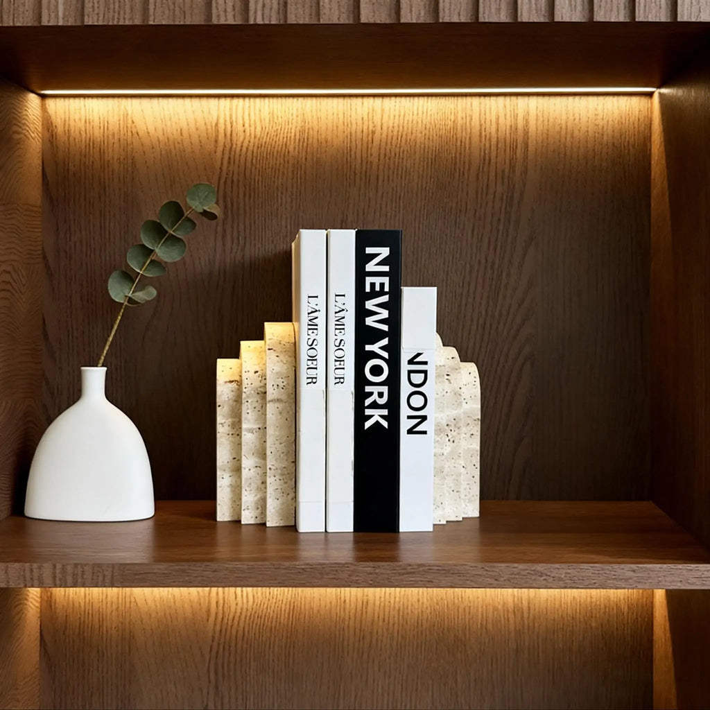 Travertine Marble Bookend for Bookshelf, Desk & Living Room | Natural Stone Book Stopper | Modern Minimalist Office Decor, 1 Piece